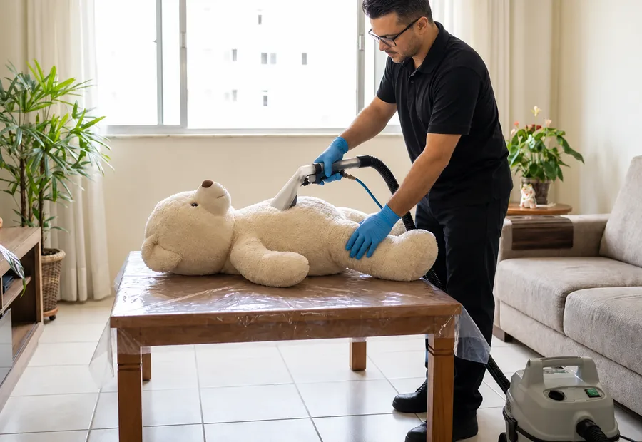 Técnico da Lava Tudo VIP limpando bichinho de pelúcia grande