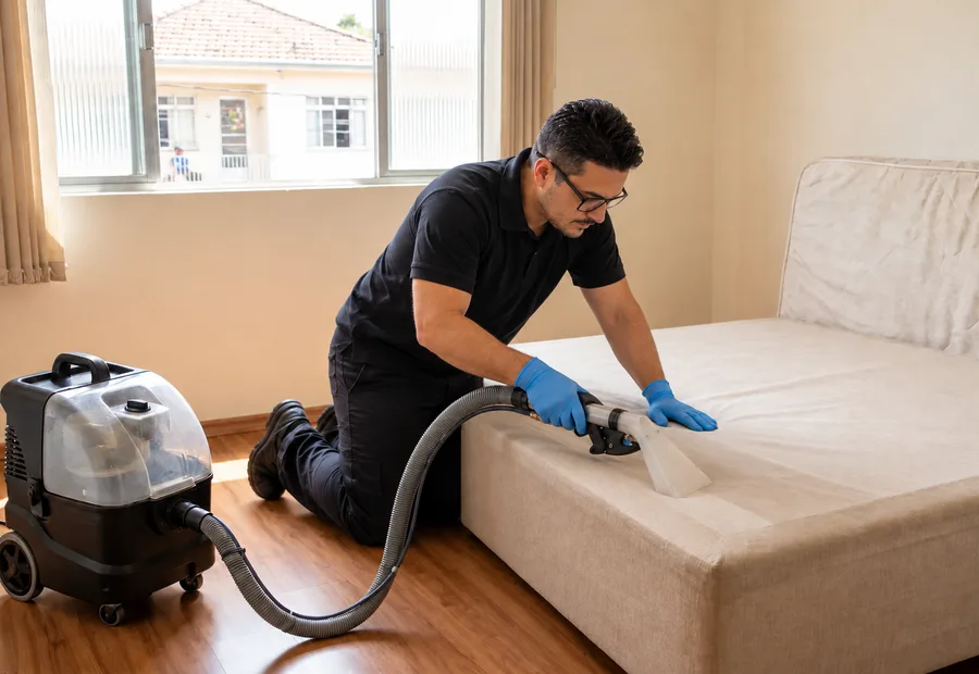 Técnico da Lava Tudo VIP limpando a base estofada de uma cama box