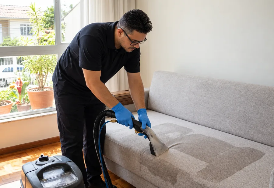 Técnico da Lava Tudo VIP limpando divã estofado em uma sala