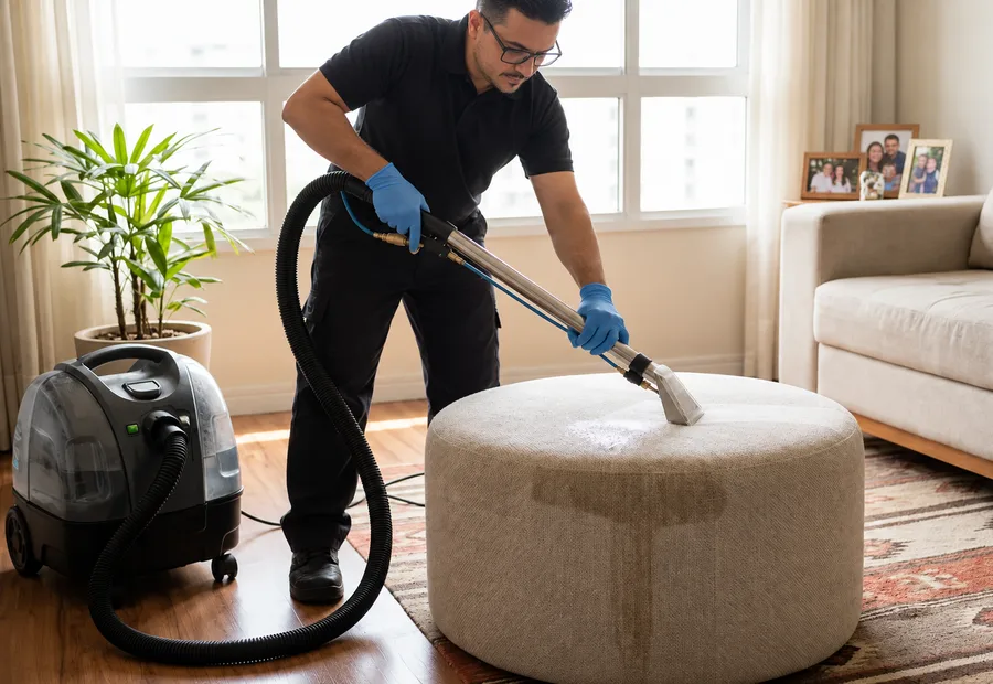 Técnico da Lava Tudo VIP limpando um puff redondo na sala de uma casa